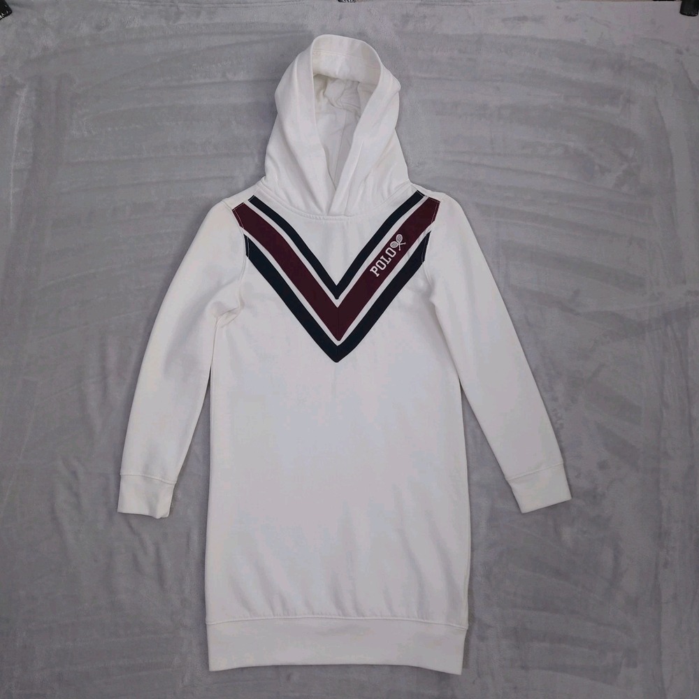 Polo Ralph Lauren Cricket Striped Hoodie Dress Girls 8-10 Size M Fleece Tennis